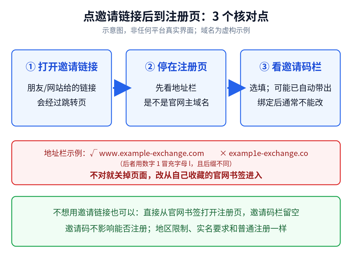 点邀请链接到注册页的3个核对点:打开链接、看地址栏官网域名、看邀请码栏(示意域名为虚构)