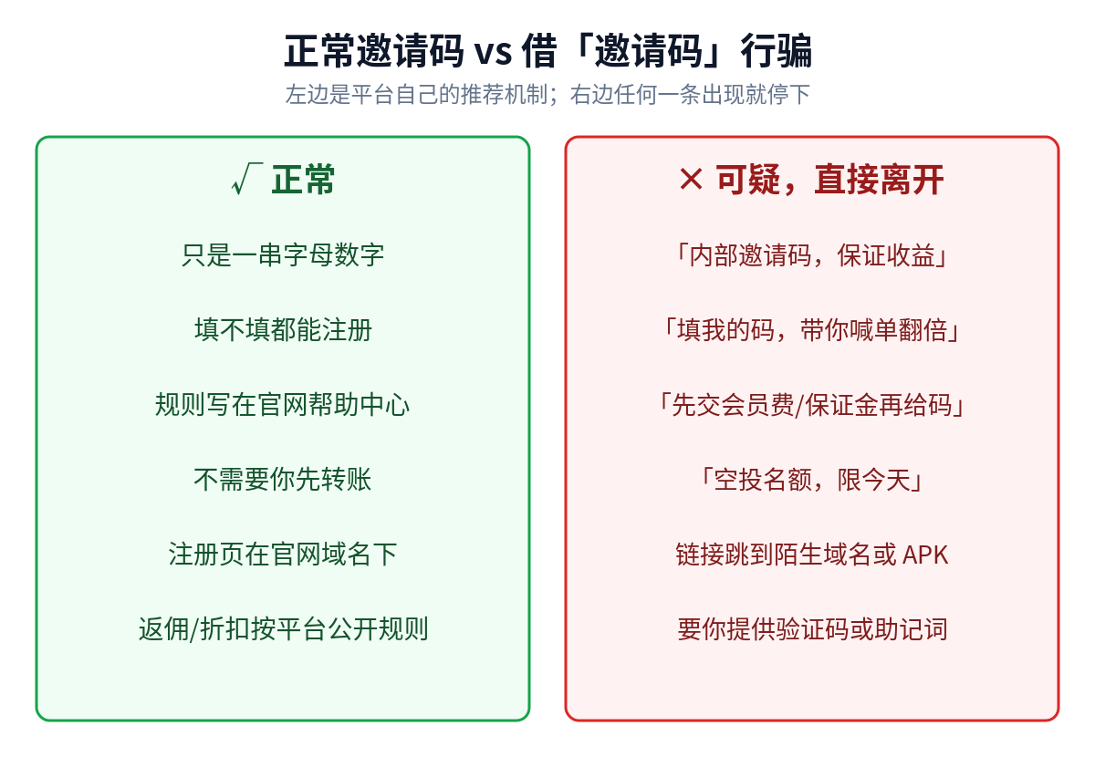 正常邀请码与借邀请码行骗对照:内部邀请码保证收益、先交会员费再给码、空投名额等都是可疑信号