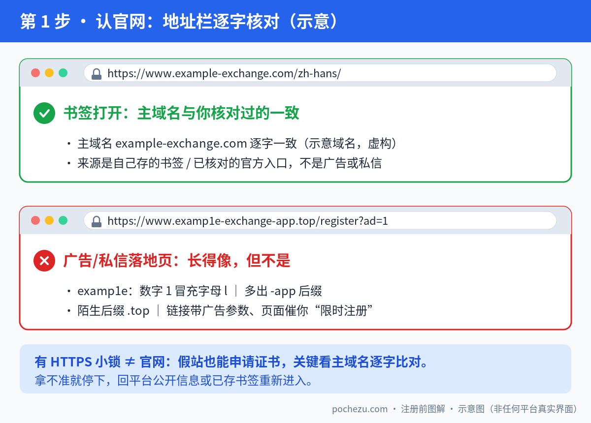 地址栏核对示意:正确主域名与仿冒域名的区别(示意域名为虚构)