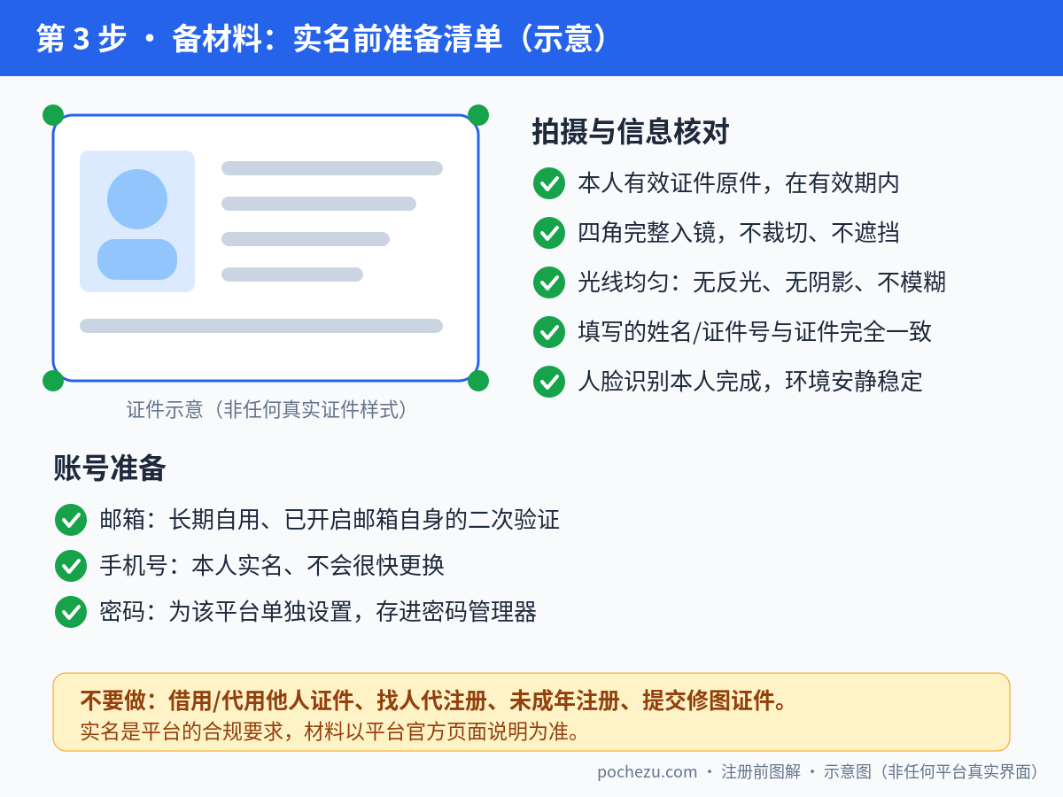 实名认证准备示意:证件四角完整、无反光,账号邮箱手机号密码准备(非真实证件样式)