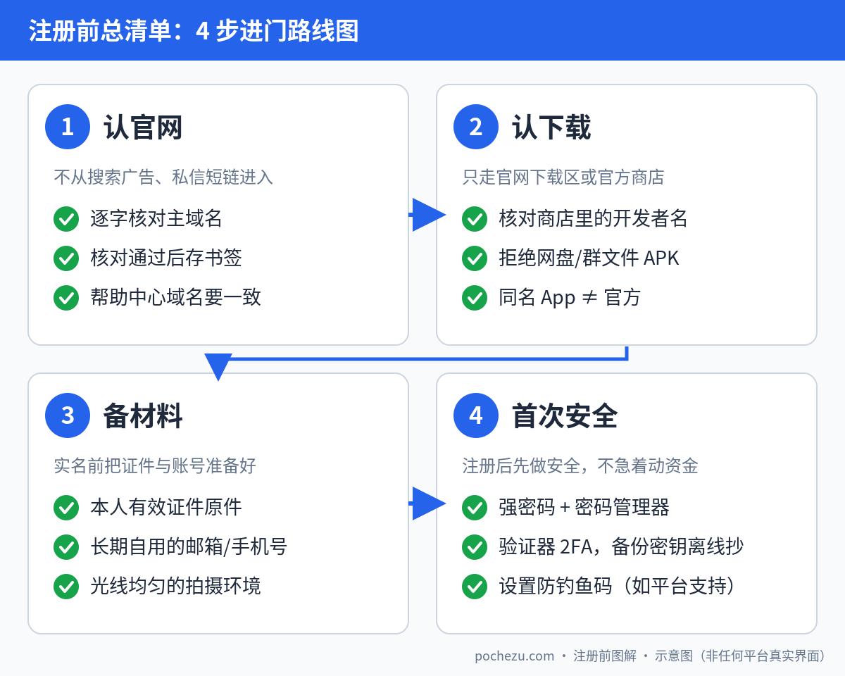 注册前总清单4步路线图:认官网、认下载、备材料、首次安全