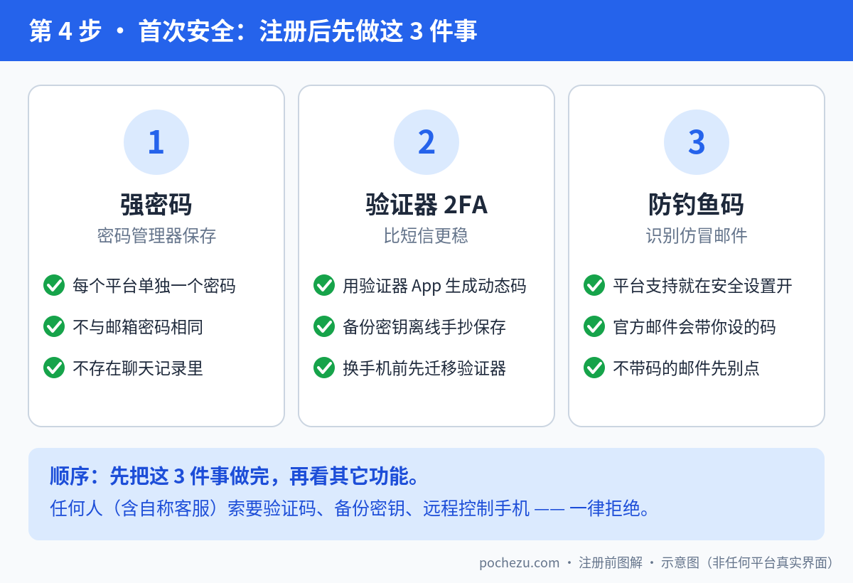 注册后首次安全三件事:强密码与密码管理器、验证器2FA与备份密钥、防钓鱼码
